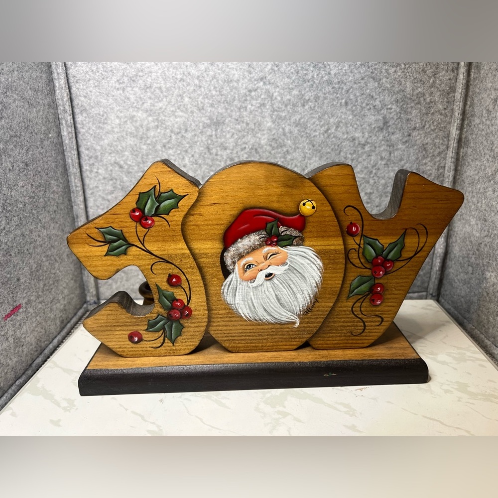 VTG Christmas Santa JOY Wooden Sign Candle Holder Holiday Decor READ